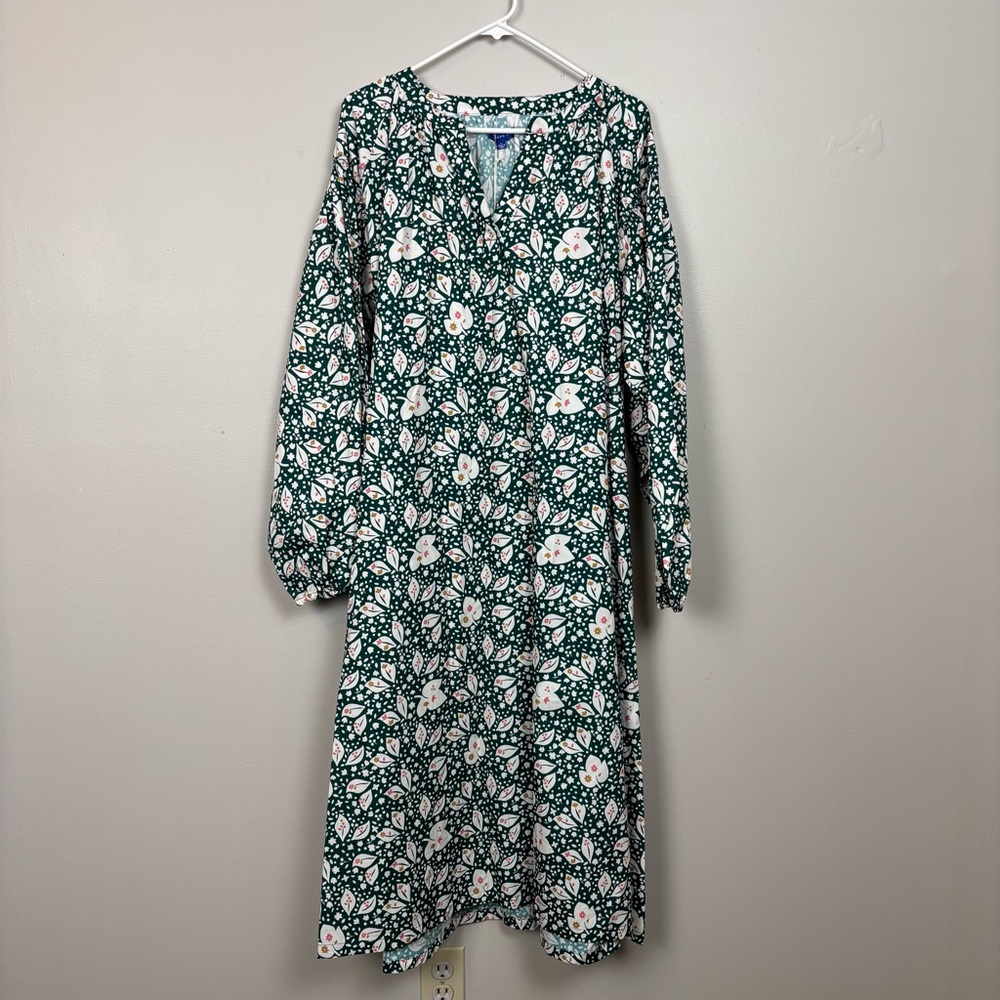 Maison Me Dress XL‎ Green White Camille Leaf Floral Pullover Tie Waist Maxi